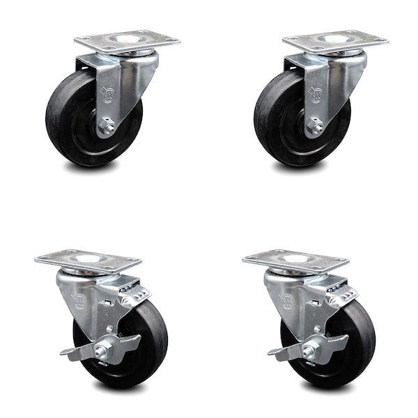 4 Inch Soft Rubber Wheel Swivel Top Plate Caster Set with 2 Brakes SCC